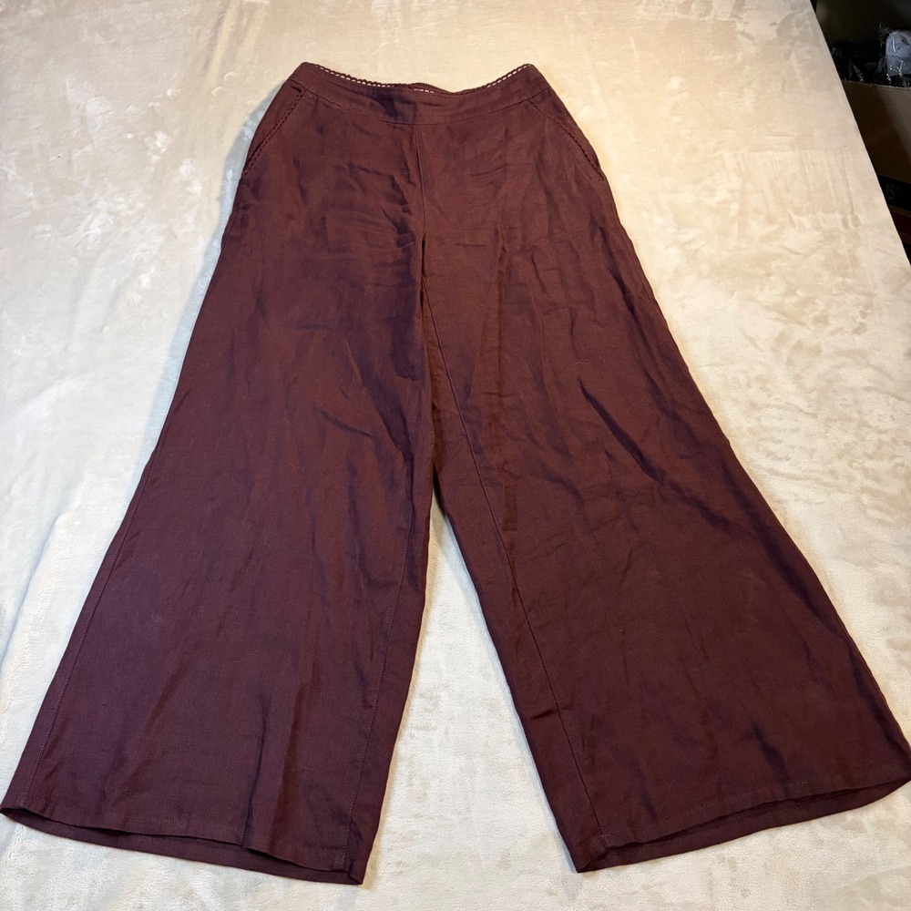 Laura Ashley Women Plum Burgundy 100% Linen Wide Leg Crochet Trim Pants Size S